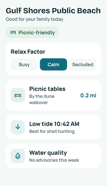 Picnic-friendly badge, Relax Factor of Busy, Calm or Secluded, picnic tables, low tide for shell hunting and water quality