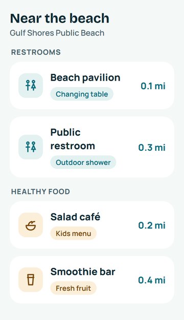 Nearby restrooms with changing tables and healthy food spots, with distances