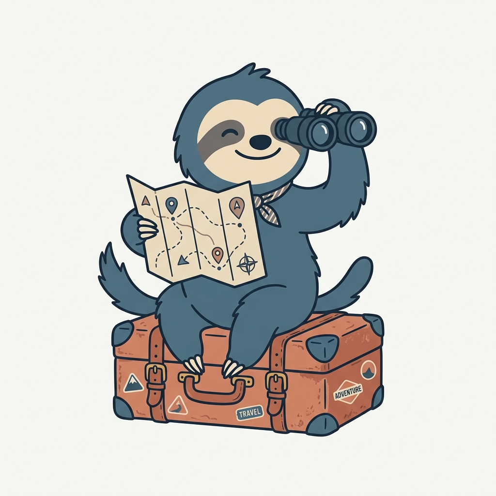 A cute cartoon sloth sitting on a suitcase with binoculars, representing the travel adventures of Layztravel