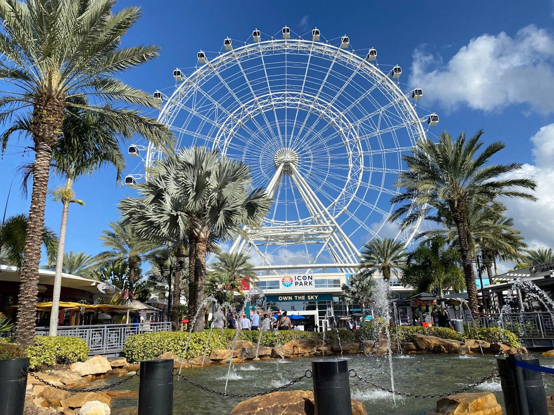 a large ferris wheel sitting next to palm trees