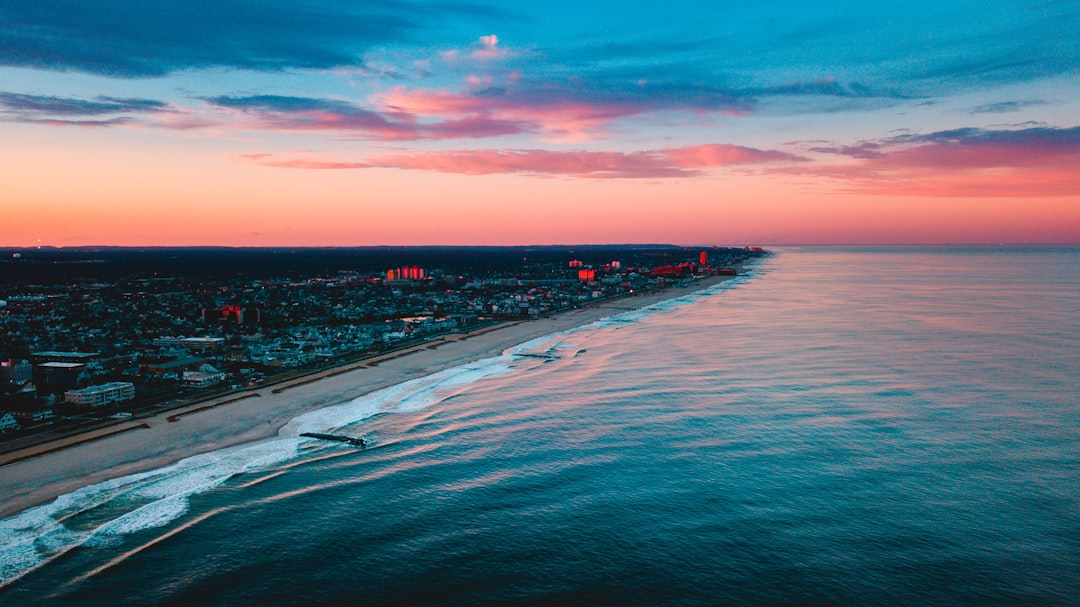 Aerial view of the Asbury Park coastline in New Jersey at dusk