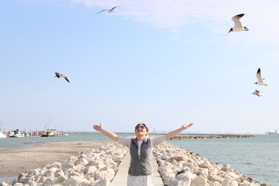 a woman standing on a pier with birds flying above her