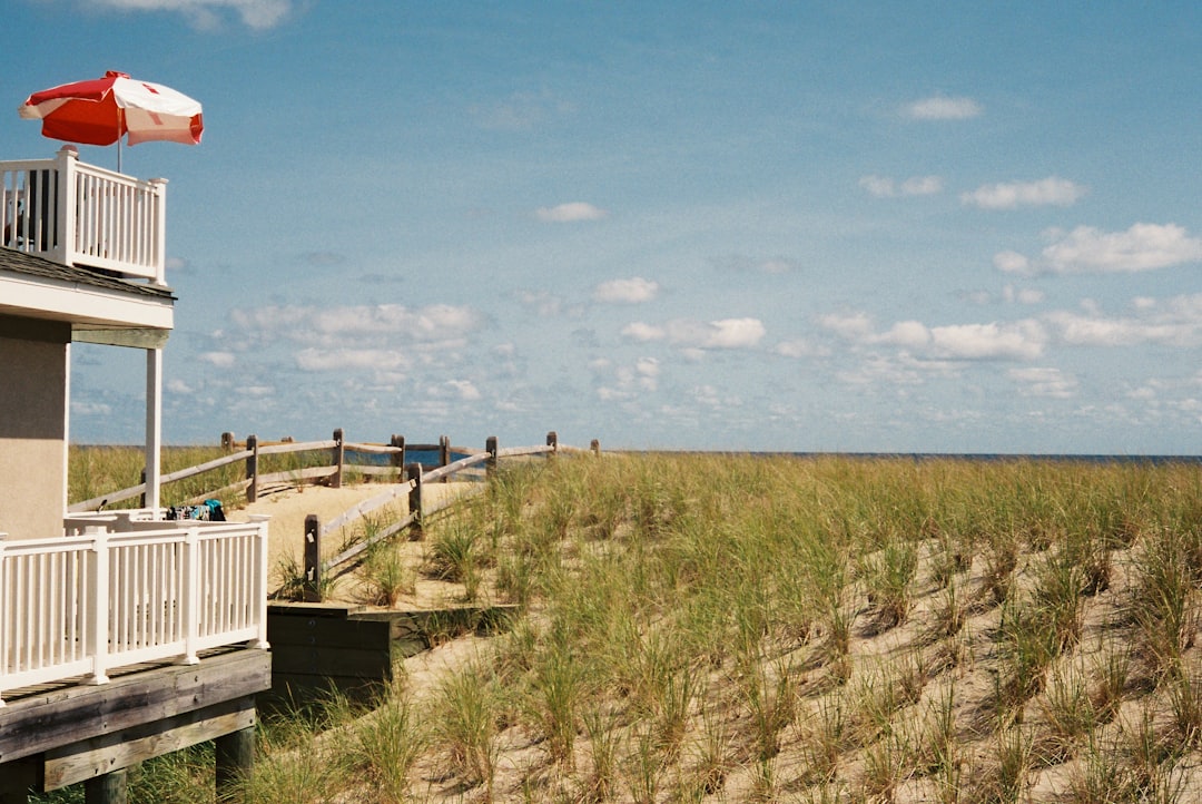 A life ring and dune fence above the beach at Cape May, New Jersey