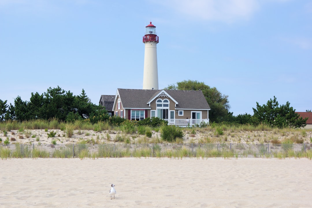 The Cape May Lighthouse and keeper's house behind the dunes in New Jersey