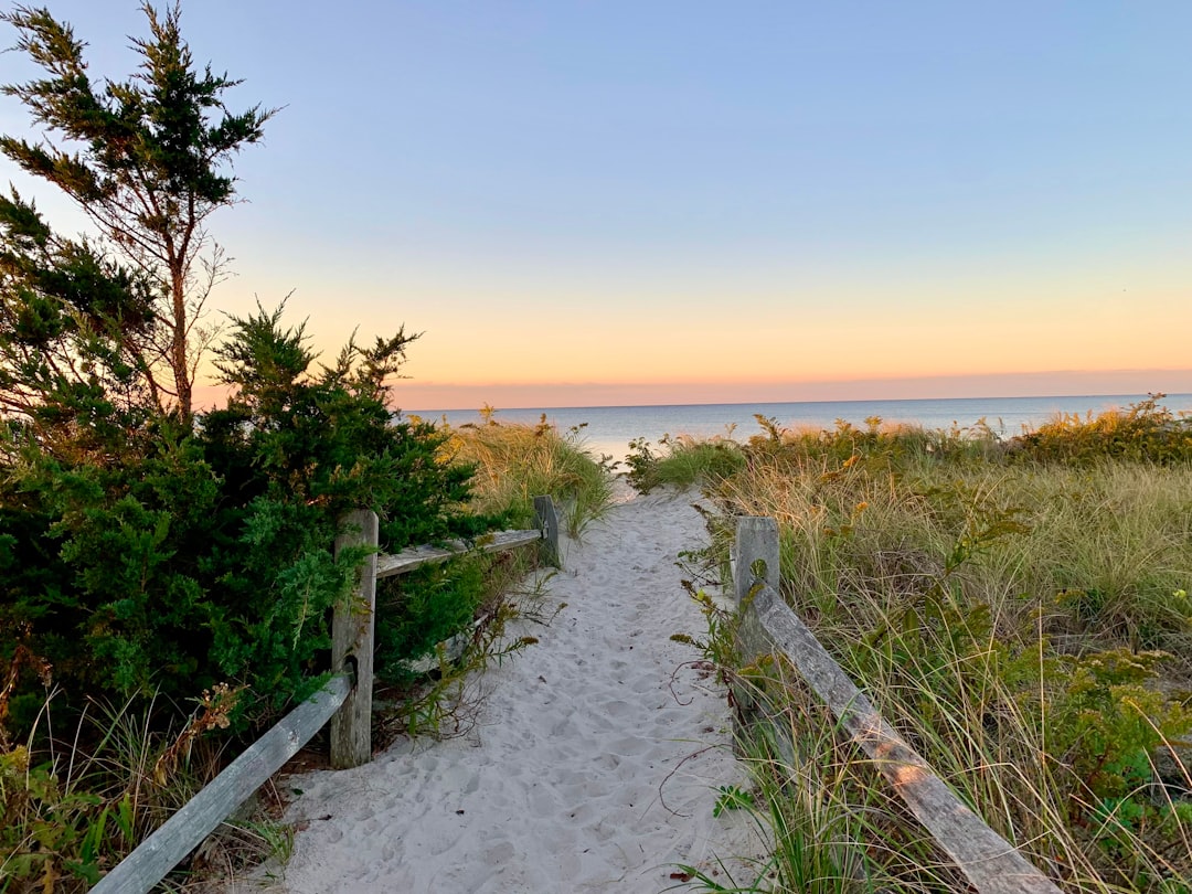 A sandy path through dune grass to the beach at sunset in Chatham, Cape Cod
