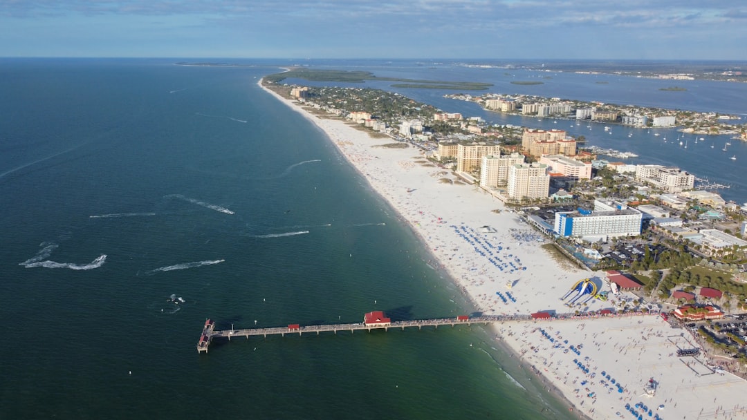 Aerial view of Clearwater Beach, Florida with the pier and shoreline