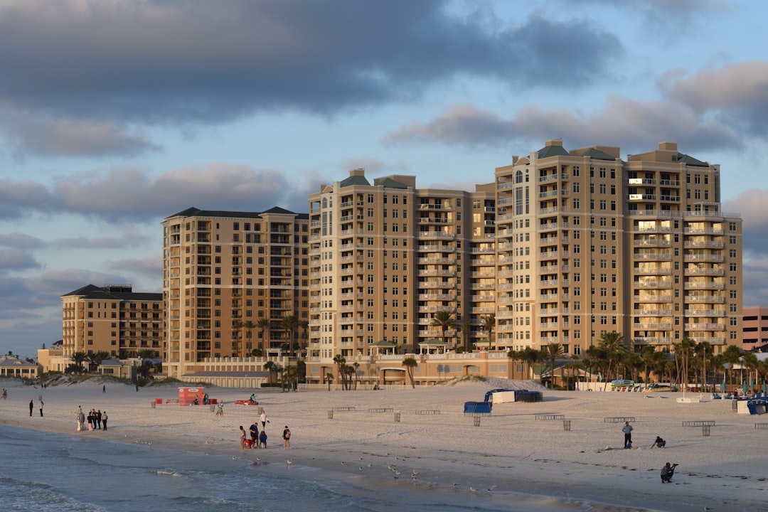 Beachfront resort buildings along the sand at Clearwater Beach, Florida