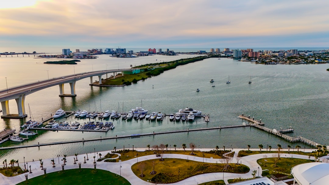 Aerial view of Coachman Park, the marina and the causeway at Clearwater, Florida