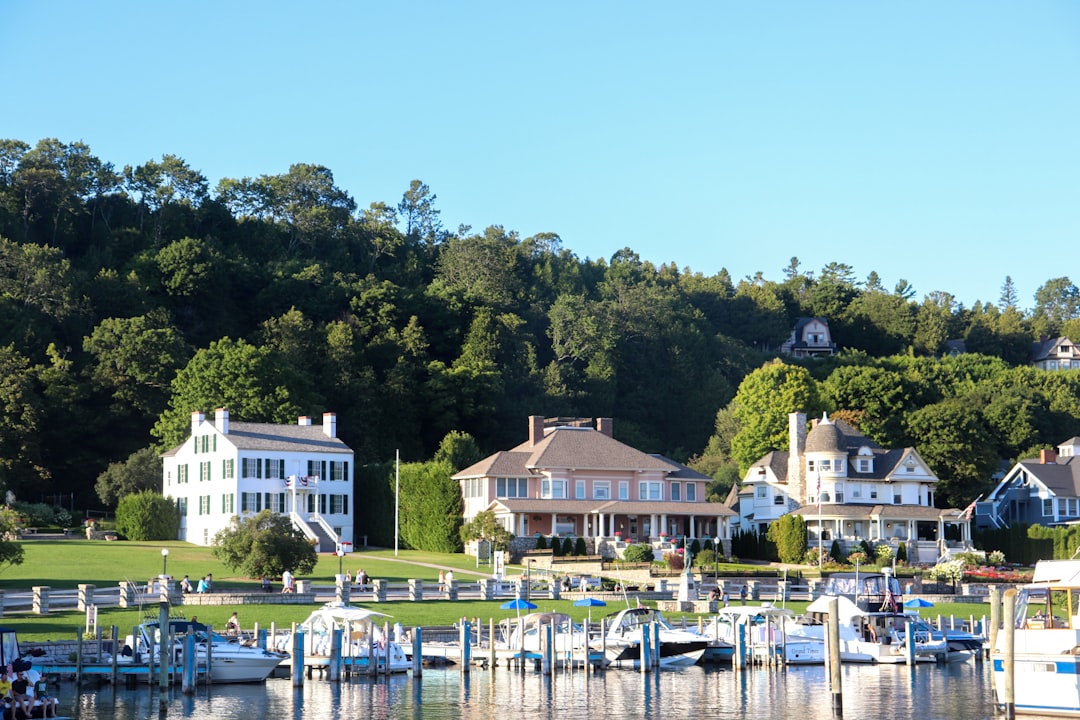 Victorian waterfront homes and a marina on Mackinac Island, Michigan