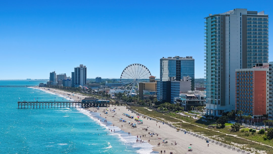 Aerial view of the Myrtle Beach skyline with the SkyWheel and pier in South Carolina