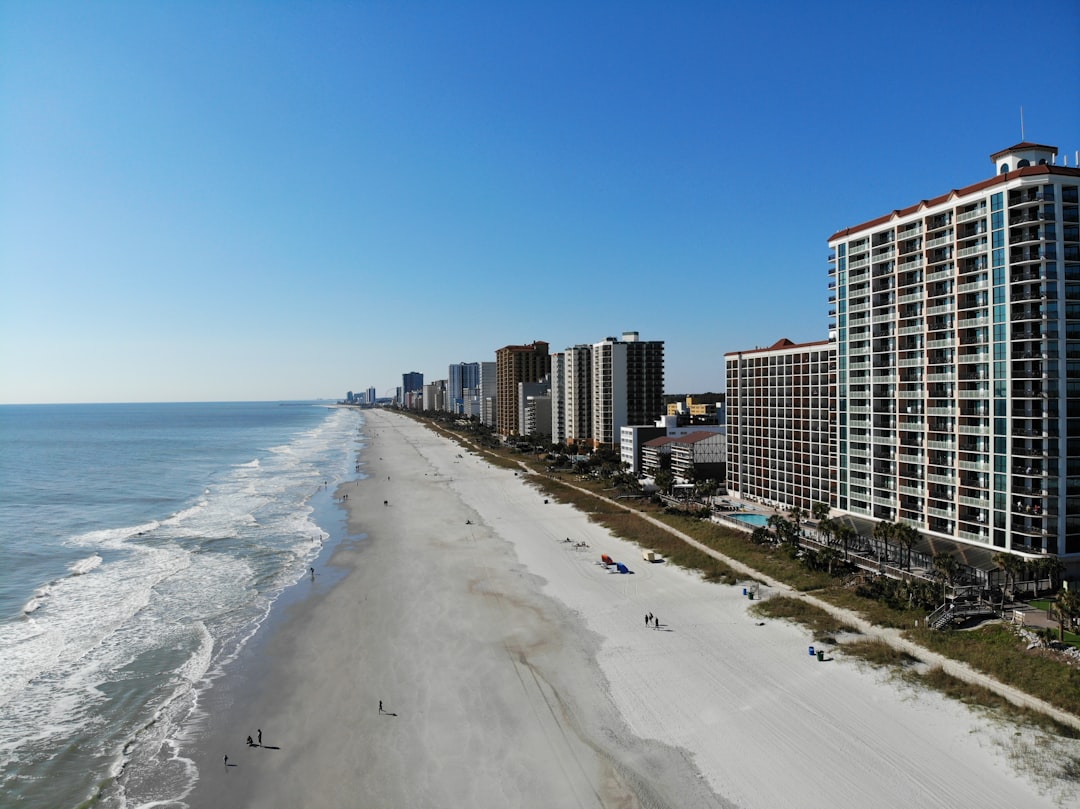 High-rise oceanfront hotels along the beach at Myrtle Beach, South Carolina