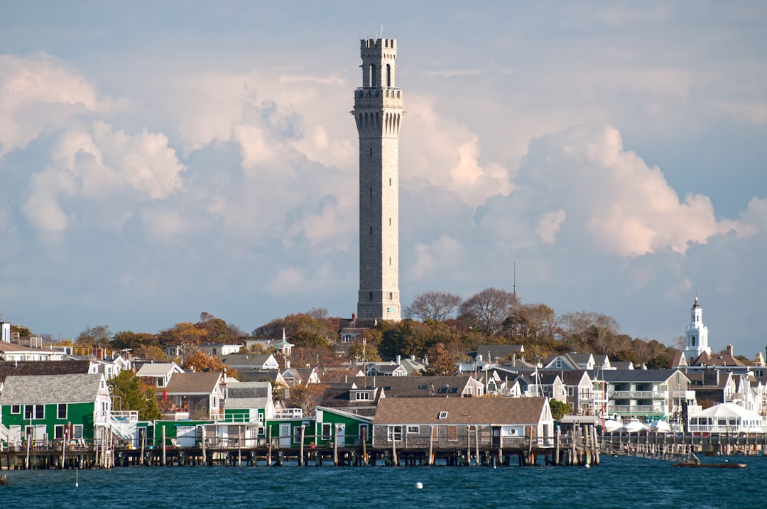 The Pilgrim Monument above the waterfront town of Provincetown, Massachusetts