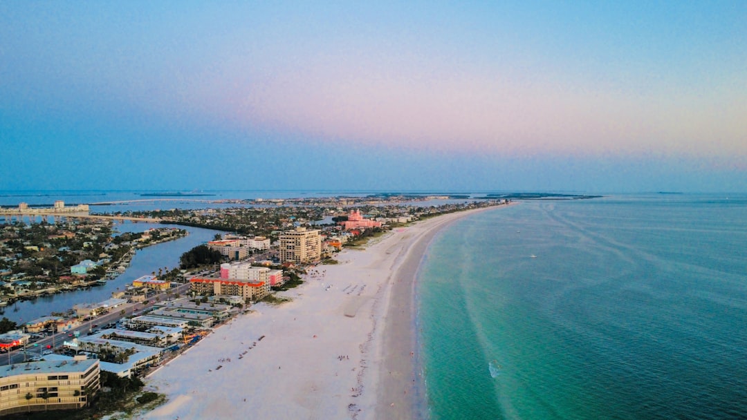 Aerial view of the white sand beach and town at Siesta Key, Florida