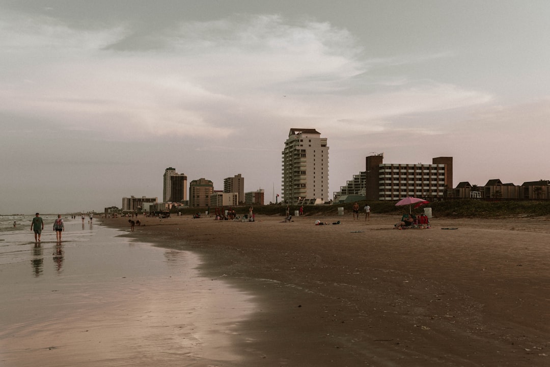 The beach and skyline of South Padre Island, Texas at dusk