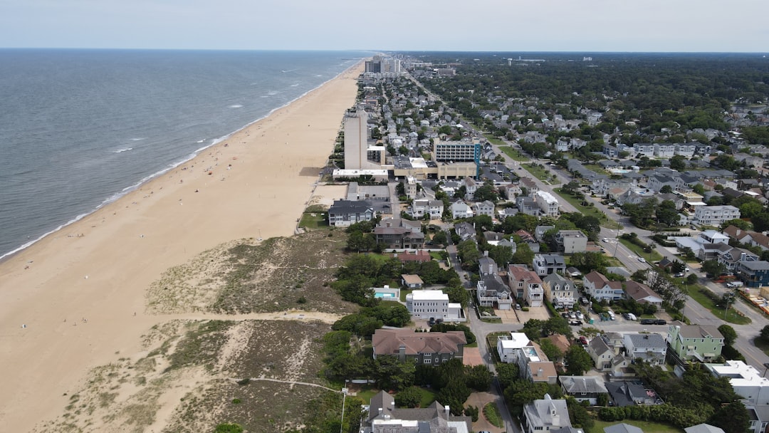 Aerial view of the beach and neighborhoods at Virginia Beach, Virginia
