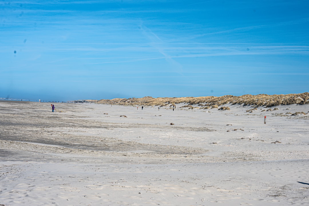 A wide, flat stretch of sand backed by low dunes under a clear blue sky