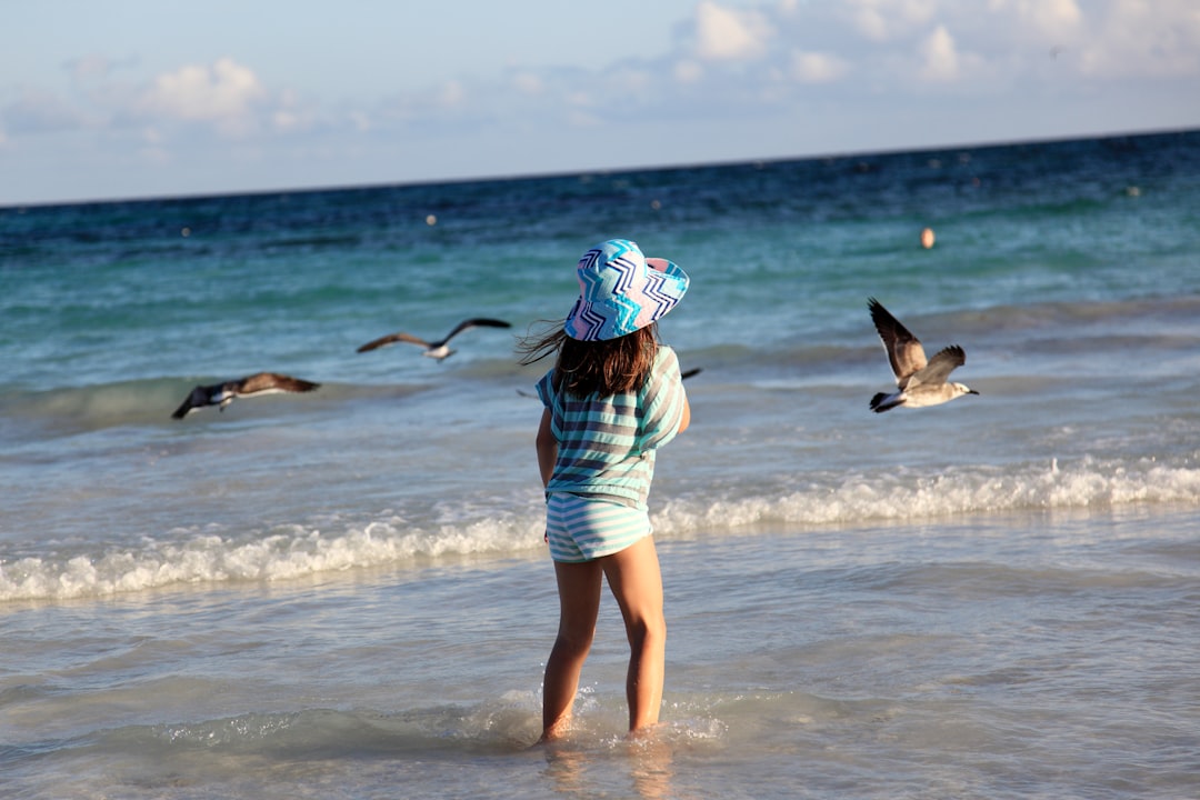 A child watches seagulls at the ocean's edge.