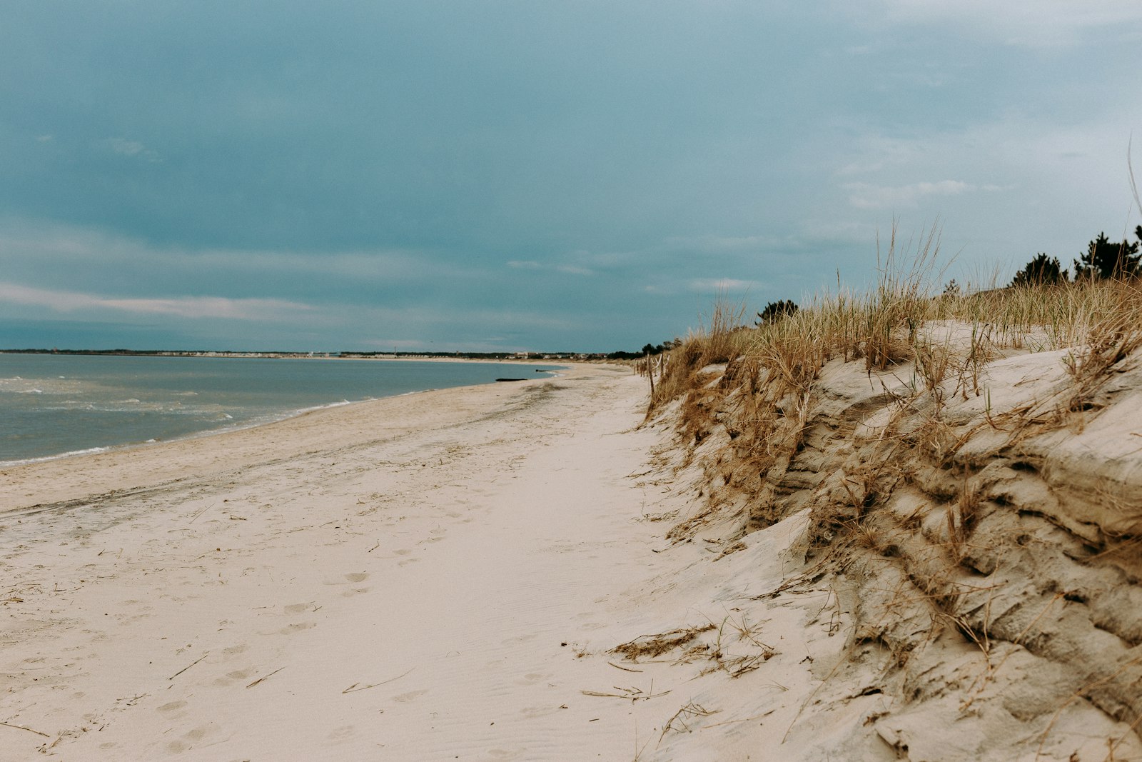 A quiet dune beach on the calm bay water near Lewes, Delaware