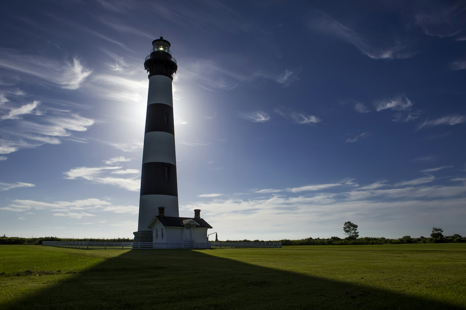 Bodie Island Lighthouse under a blue sky at Nags Head, North Carolina
