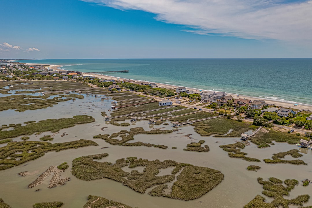 An aerial view of a beach and a body of water