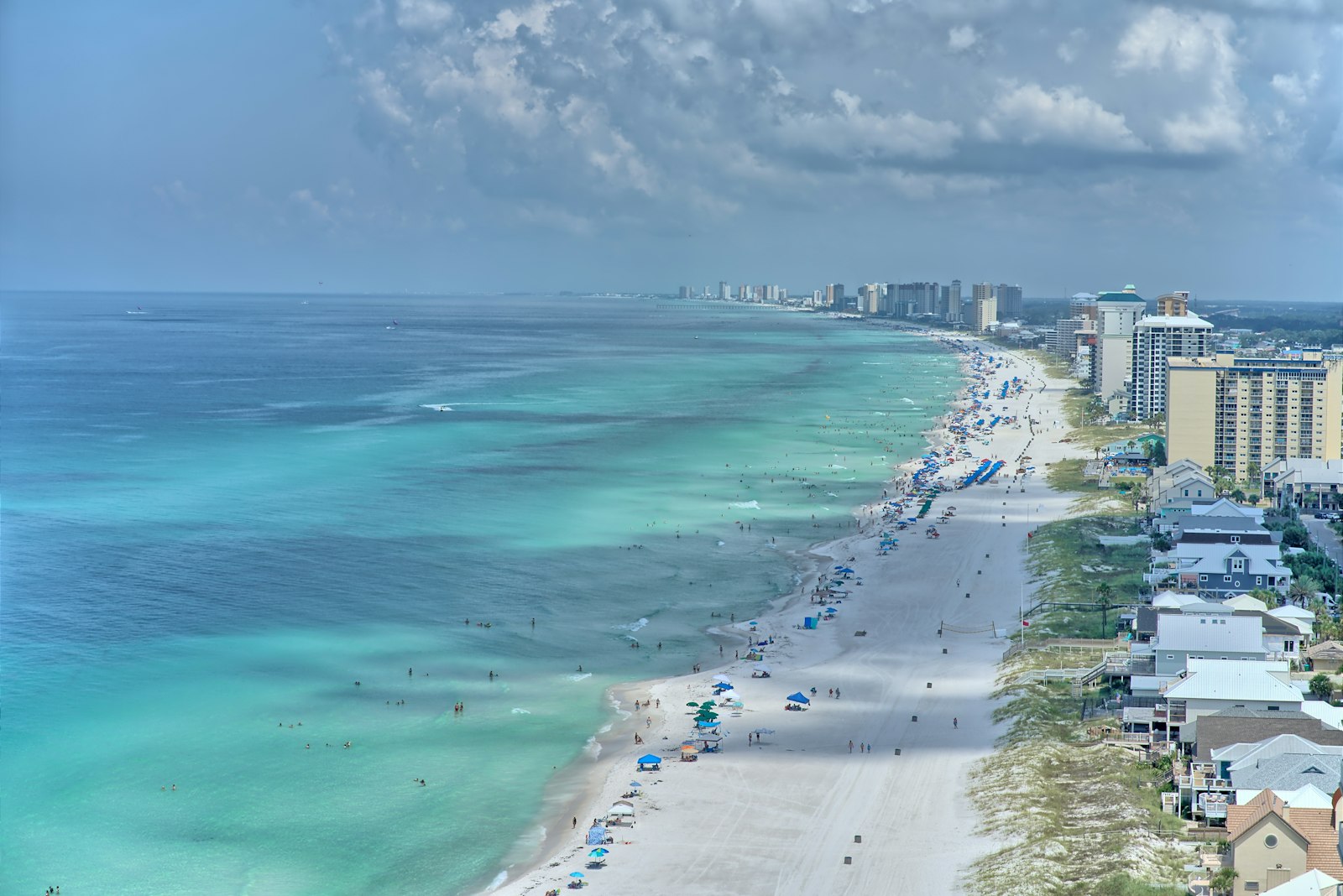 Aerial view of Panama City Beach, Florida with emerald Gulf water, white sand and the beachfront condo strip