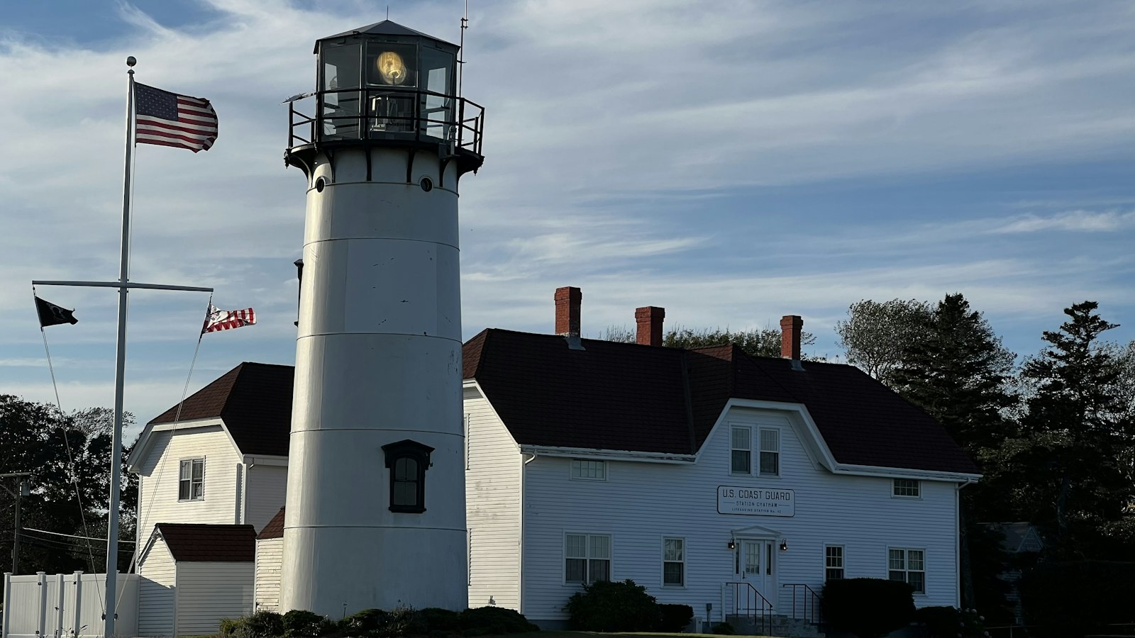 Chatham Lighthouse and the Coast Guard station above Lighthouse Beach in Chatham, Cape Cod, Massachusetts